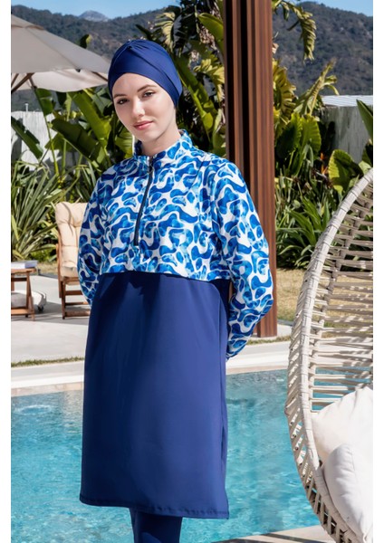 Tam Kapalı Crop Model Mavi Desenli Tesettür Mayo - 2525