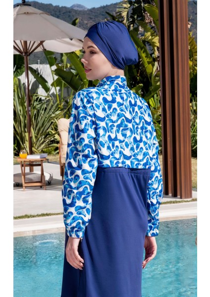 Tam Kapalı Crop Model Mavi Desenli Tesettür Mayo - 2525 fiyatları