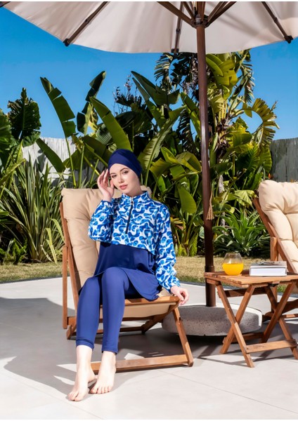 Tam Kapalı Crop Model Mavi Desenli Tesettür Mayo - 2525 modelleri