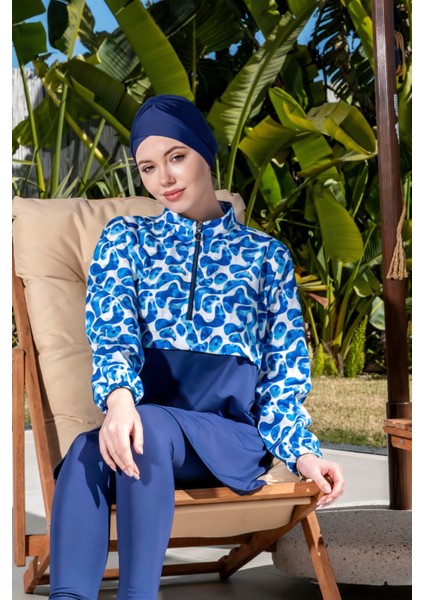 Tam Kapalı Crop Model Mavi Desenli Tesettür Mayo - 2525 fırsatları