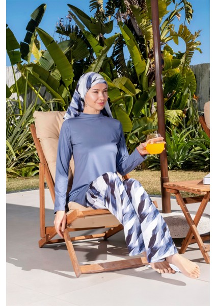 Bol Pantolonlu Tam Kapalı Desenli Tesettür Mayo - 2533