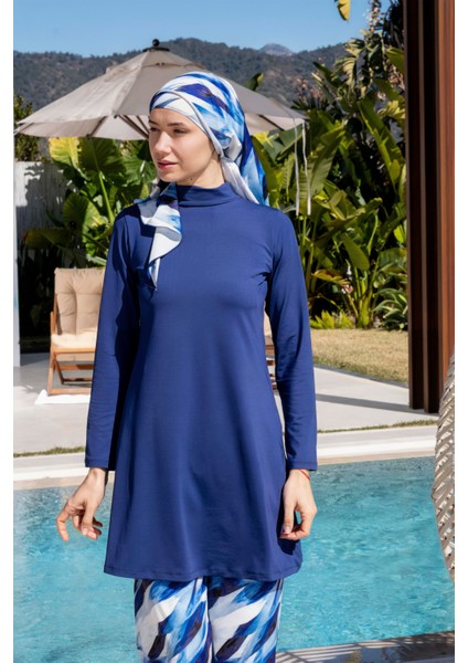 Bol Pantolonlu Tam Kapalı Desenli Tesettür Mayo - 2534