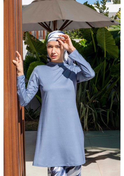 Bol Pantolonlu Tam Kapalı Desenli Tesettür Mayo - 2533