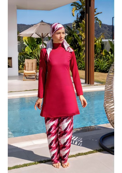 Bol Pantolonlu Tam Kapalı Desenli Tesettür Mayo - 2535