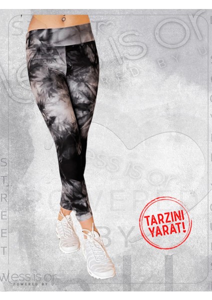 Siyah Gri Kamuflaj Desen Yüksek Bel Dikişsiz Spor Tayt