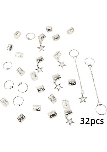 32PCS Yıldız Dreadlock Saç Örgüler Manşetler ve Örgü Süslemeleri Saç Aksesuarları Loc Saç Takıları Kadınlar Için Örgüler Için Metal Renk: Gümüş (Yurt Dışından)