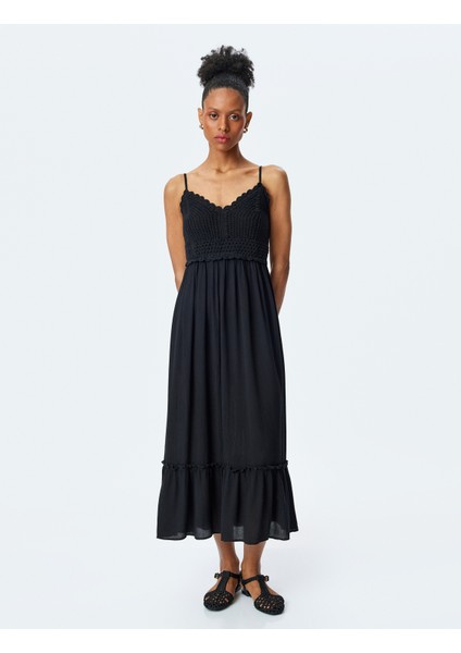 Viskon Kumaş Fırfırlı Kroşe Detaylı Ince Askılı Uzun Elbise modelleri