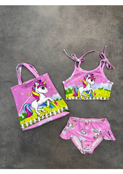 Kızçocuk Unıcorn Baskılı Çantalı Bikini Takımı
