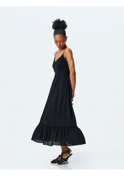 Viskon Kumaş Fırfırlı Kroşe Detaylı Ince Askılı Uzun Elbise fiyatları