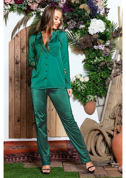 Asfstore 3 Parça Gecelik Seti ; Gömlek, Bralet Sütyen ve Pantolon Takım Zümrüt (MGP31726)