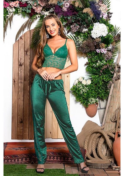 Asfstore 3 Parça Gecelik Seti ; Gömlek, Bralet Sütyen ve Pantolon Takım Zümrüt (MGP31726)