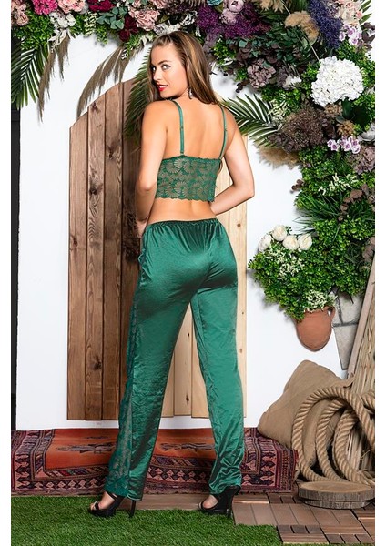 Asfstore 3 Parça Gecelik Seti ; Gömlek, Bralet Sütyen ve Pantolon Takım Zümrüt (MGP31726)