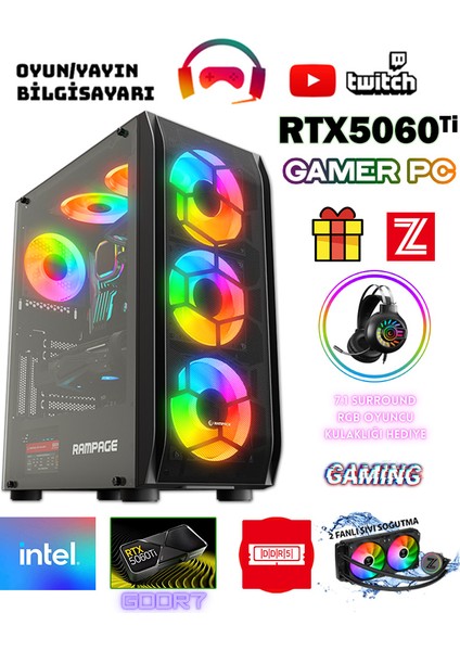 Ayvass X5 Intel Core I5-14400F 32GB Ram 1tb M.2 Nvme SSD 8gb Gddr7 RTX5060TI Sıvı Soğutmalı Oyuncu Bilgisayarı