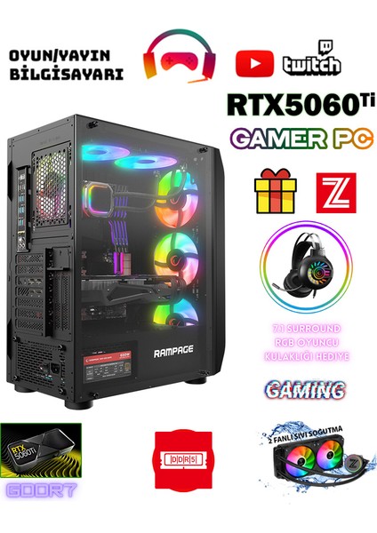Ayvass X5 Intel Core I5-14400F 32GB Ram 1tb M.2 Nvme SSD 8gb Gddr7 RTX5060TI Sıvı Soğutmalı Oyuncu Bilgisayarı