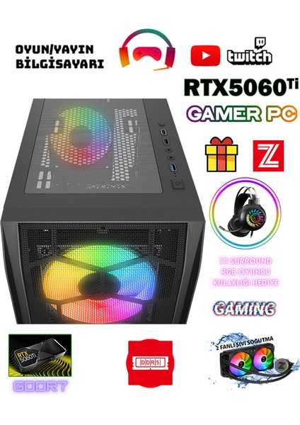Ayvass X5 Intel Core I5-14400F 32GB Ram 1tb M.2 Nvme SSD 8gb Gddr7 RTX5060TI Sıvı Soğutmalı Oyuncu Bilgisayarı