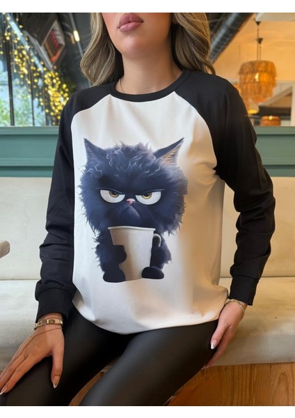 Kadın Uzun Kollu Bisiklet Yaka Kedi Baskılı Şardonlu Dalgıç Bluz