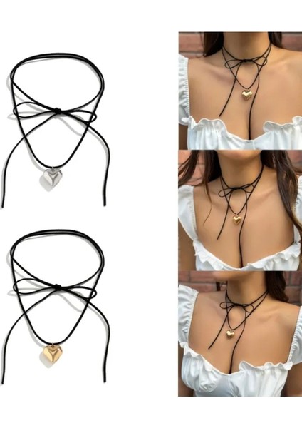 Gold Kalp Siyah Süet Ip Kolye