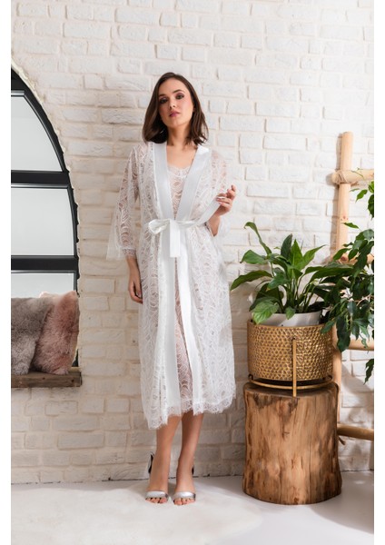 Asfstore Gelin Set Transparan Midi Boy Kuşaklı Sabahlık Ekru (MGP12176)