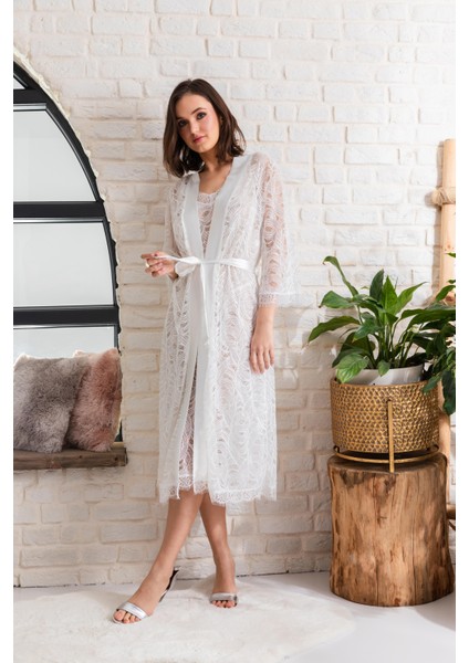 Asfstore Gelin Set Transparan Midi Boy Kuşaklı Sabahlık Ekru (MGP12176) fiyatları