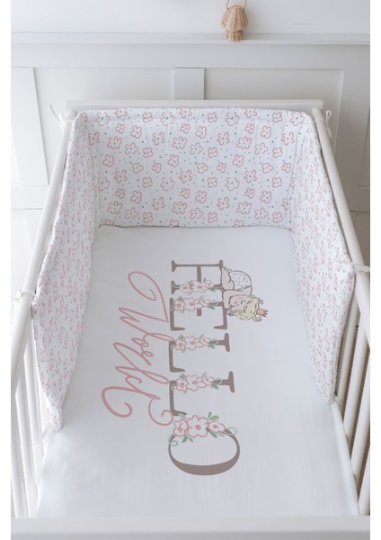 Bebek Başucu Koruyucu ve Baskılı Çarşaflı Uyku Seti - Pure Baby Serisi - Hello World