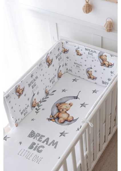 Bebek Başucu Koruyucu ve Baskılı Çarşaflı Uyku Seti - For Baby Serisi - Gri Ayda Uyuyan Ayı modelleri