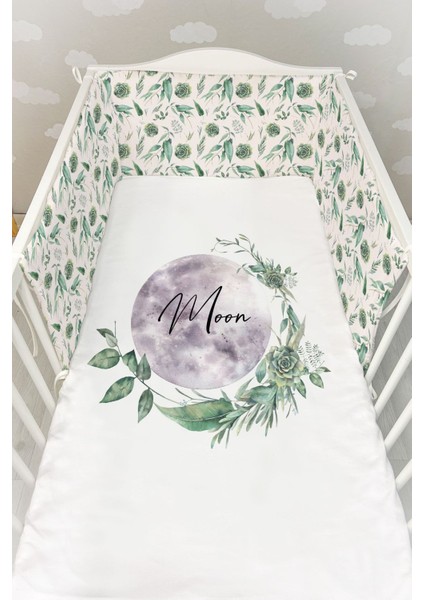 Bebek Başucu Koruyucu ve Baskılı Çarşaflı Uyku Seti - For Baby Serisi - Sukulentli Ay