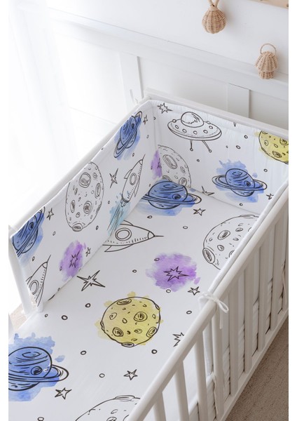 Bebek Başucu Koruyucu ve Baskılı Çarşaflı Uyku Seti - Iconic Serisi - Çizgisel Uzay modelleri