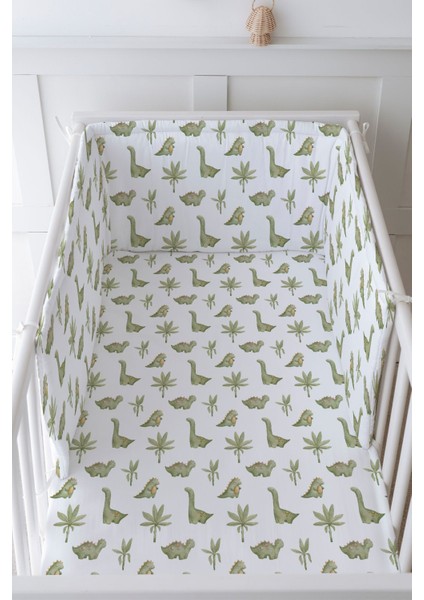 Bebek Başucu Koruyucu ve Baskılı Çarşaflı Uyku Seti - Iconic Serisi - Yeşil Dinazorlar