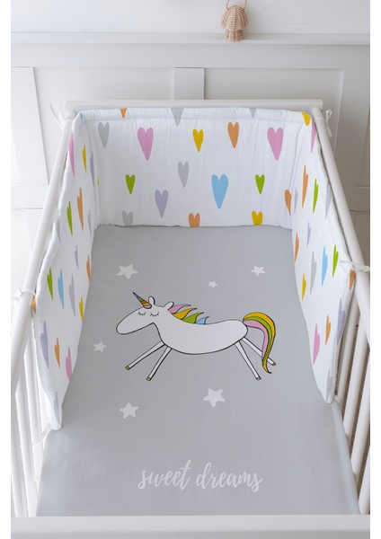 Bebek Başucu Koruyucu ve Baskılı Çarşaflı Uyku Seti - Pure Baby Serisi - Doodle Unicorn