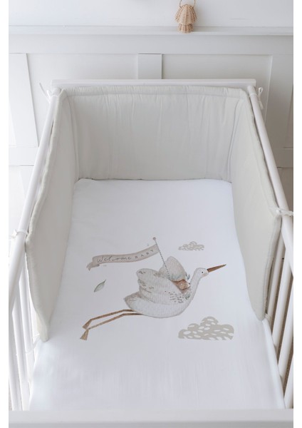 Bebek Başucu Koruyucu ve Baskılı Çarşaflı Uyku Seti - Royal Serisi - Welcome Baby Stork