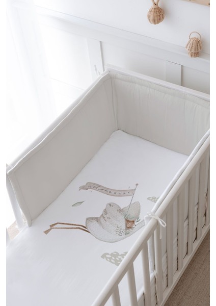 Bebek Başucu Koruyucu ve Baskılı Çarşaflı Uyku Seti - Royal Serisi - Welcome Baby Stork modelleri