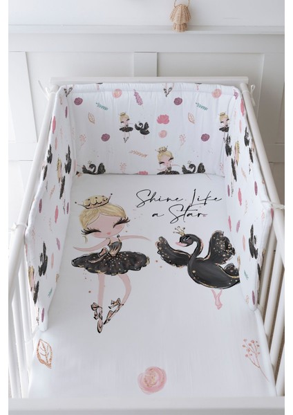 Bebek Başucu Koruyucu ve Baskılı Çarşaflı Uyku Seti - For Baby Serisi - Siyah Tütülü Balerin