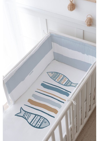 Bebek Başucu Koruyucu ve Baskılı Çarşaflı Uyku Seti - Pure Baby Serisi - Balıklar modelleri
