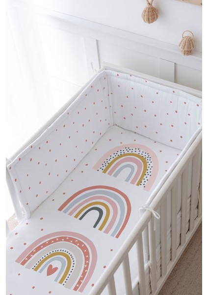 Bebek Başucu Koruyucu ve Baskılı Çarşaflı Uyku Seti - Iconic Serisi - Üçlü Pembe Gökkuşakları modelleri