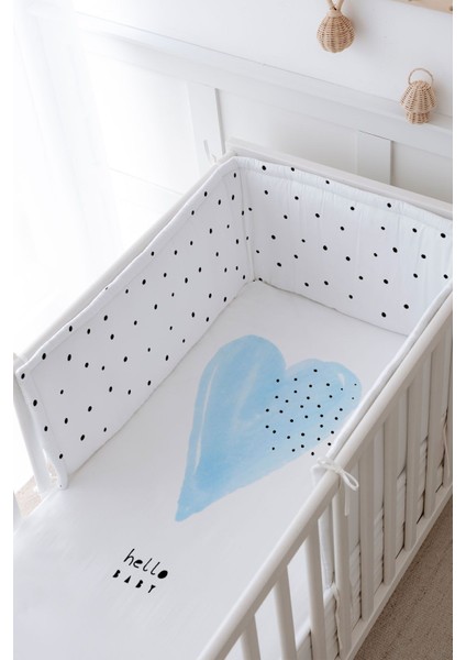 Bebek Başucu Koruyucu ve Baskılı Çarşaflı Uyku Seti - Pure Baby Serisi - Mavi Romantik Kalp modelleri