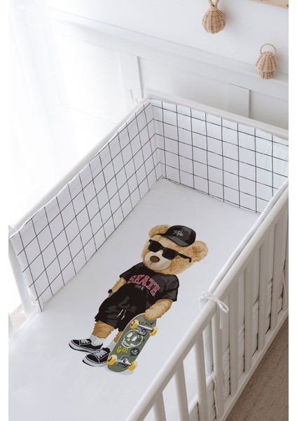 Bebek Başucu Koruyucu ve Baskılı Çarşaflı Uyku Seti - Pure Baby Serisi - Kaykaylı Ayıcık modelleri