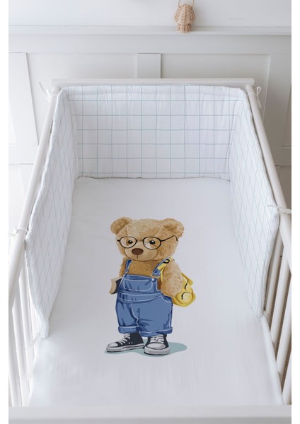 Bebek Başucu Koruyucu ve Baskılı Çarşaflı Uyku Seti - Pure Baby Serisi - Salopetli Ayıcık