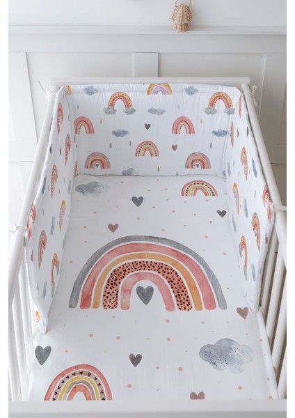 Bebek Başucu Koruyucu ve Baskılı Çarşaflı Uyku Seti - Iconic Serisi - Somon Gökkuşağı