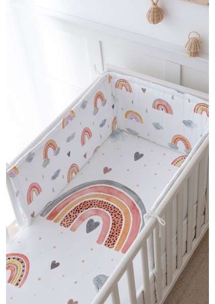 Bebek Başucu Koruyucu ve Baskılı Çarşaflı Uyku Seti - Iconic Serisi - Somon Gökkuşağı modelleri