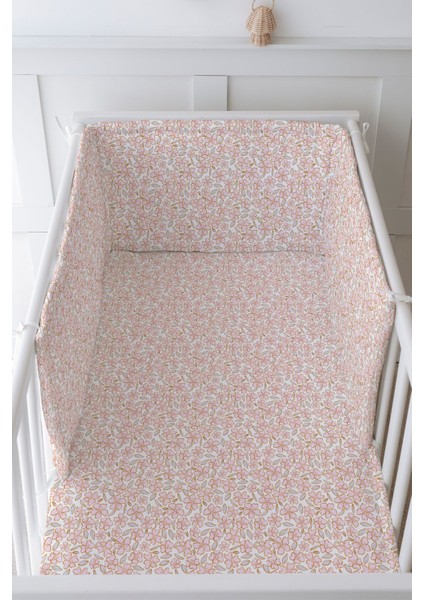 Bebek Başucu Koruyucu ve Baskılı Çarşaflı Uyku Seti - Iconic Serisi - Pink Flowers