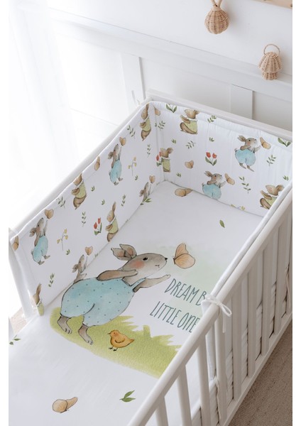 Bebek Başucu Koruyucu ve Baskılı Çarşaflı Uyku Seti - Pure Baby Serisi - Kelebekle Tavşan modelleri
