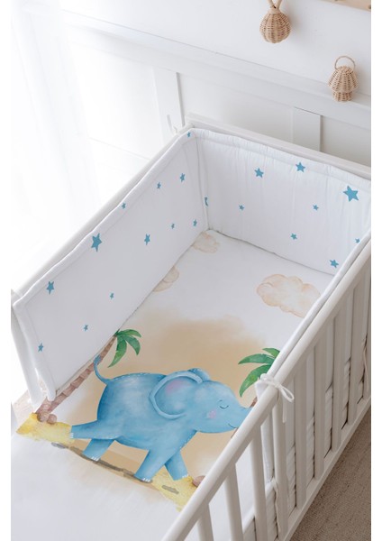 Bebek Başucu Koruyucu ve Baskılı Çarşaflı Uyku Seti - Pure Baby Serisi - Sevimli Fil modelleri