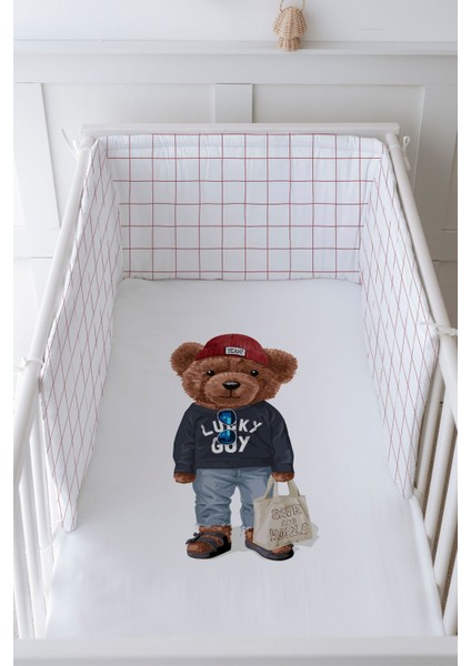 Bebek Başucu Koruyucu ve Baskılı Çarşaflı Uyku Seti - Pure Baby Serisi - Sportmen Ayıcık