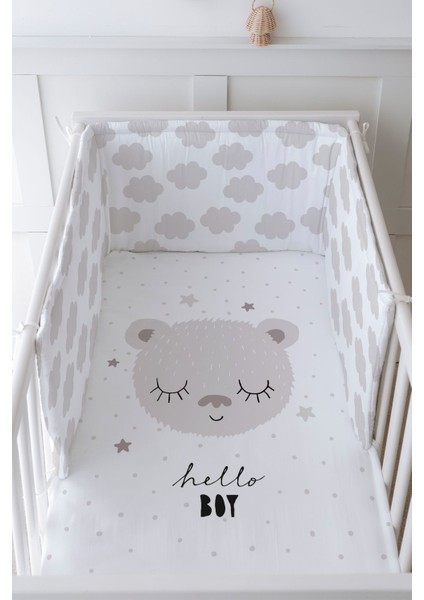 Bebek Başucu Koruyucu ve Baskılı Çarşaflı Uyku Seti - Iconic Serisi - Kahverengi Kulaklı Ayıcık