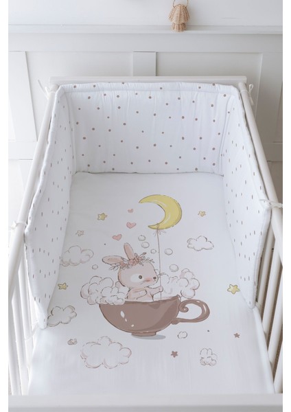 Bebek Başucu Koruyucu ve Baskılı Çarşaflı Uyku Seti - Pure Baby Serisi - Bir Fincan Tavşan