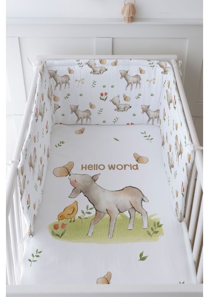 Bebek Başucu Koruyucu ve Baskılı Çarşaflı Uyku Seti - Pure Baby Serisi - Kelebekle Kuzu