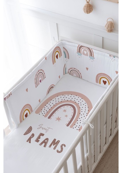 Bebek Başucu Koruyucu ve Baskılı Çarşaflı Uyku Seti - Iconic Serisi - Somon Yıldızlı Gökkuşağı modelleri