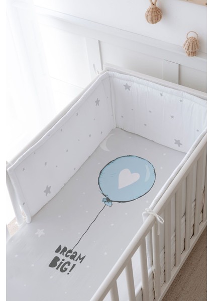 Bebek Başucu Koruyucu ve Baskılı Çarşaflı Uyku Seti - Pure Baby Serisi - Mavi Kalpli Balon modelleri