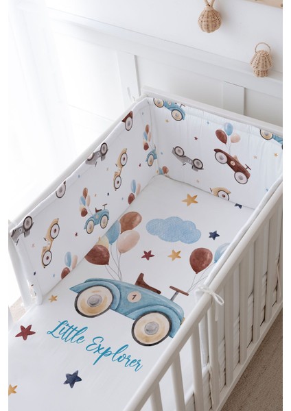 Bebek Başucu Koruyucu ve Baskılı Çarşaflı Uyku Seti - For Baby Serisi - Balonlu Araba modelleri