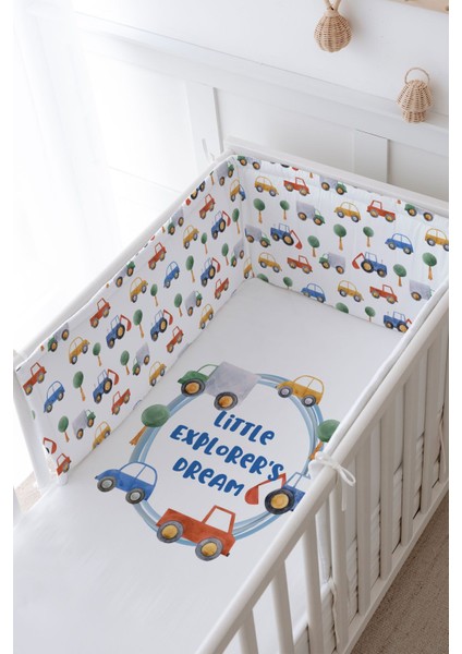 Bebek Başucu Koruyucu ve Baskılı Çarşaflı Uyku Seti - For Baby Serisi - Mavi Çemberde Arabalar modelleri